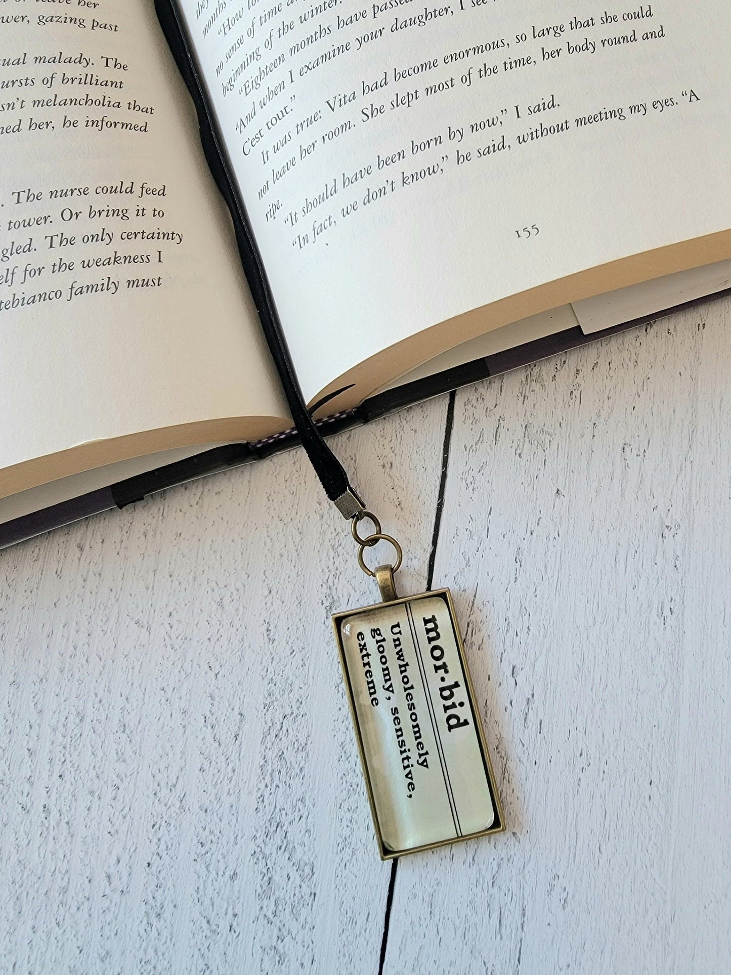 Dark Gothic Velvet Ribbon Bookmark with Pendant featuring Definition of Morbid - Unique Literary Gift