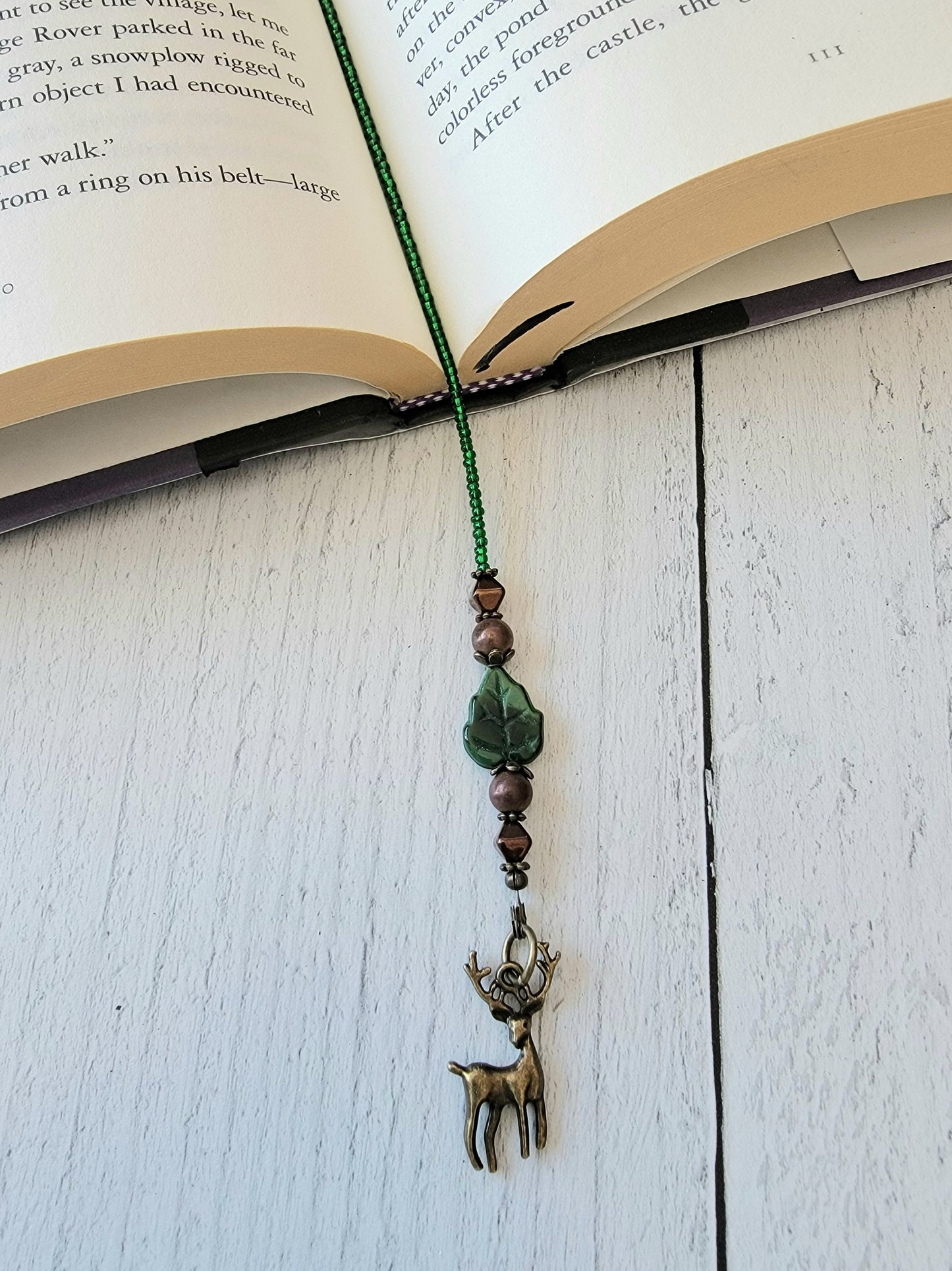 Rustic Chic Beaded Bookmark with Bronze Stag, Mountain Charms