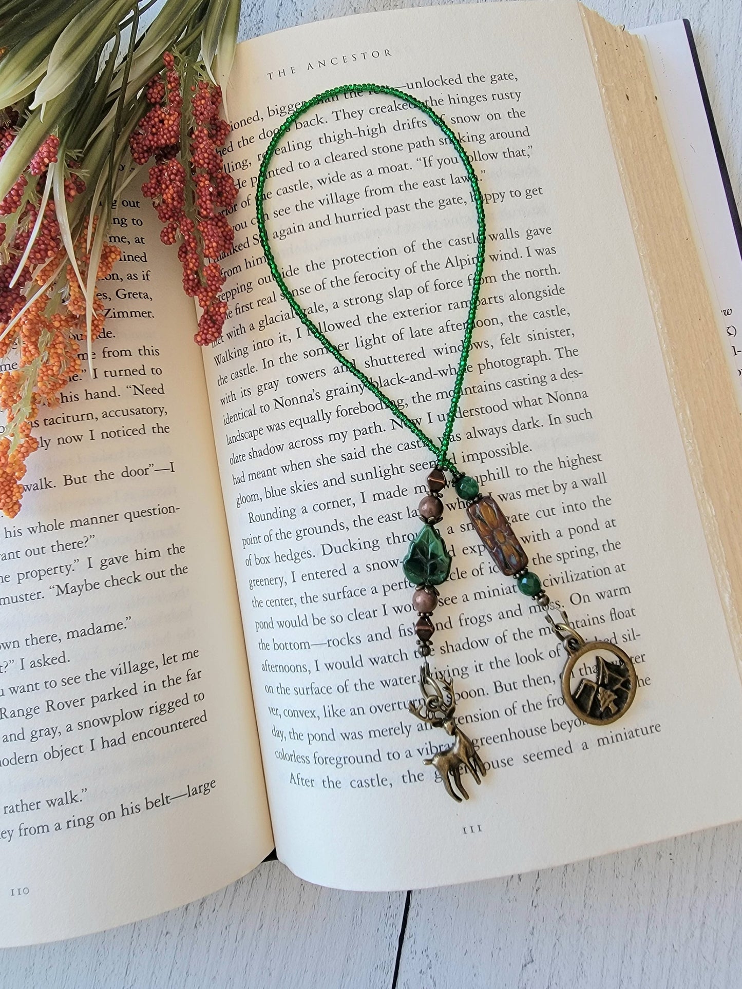 Rustic Chic Beaded Bookmark with Bronze Stag, Mountain Charms