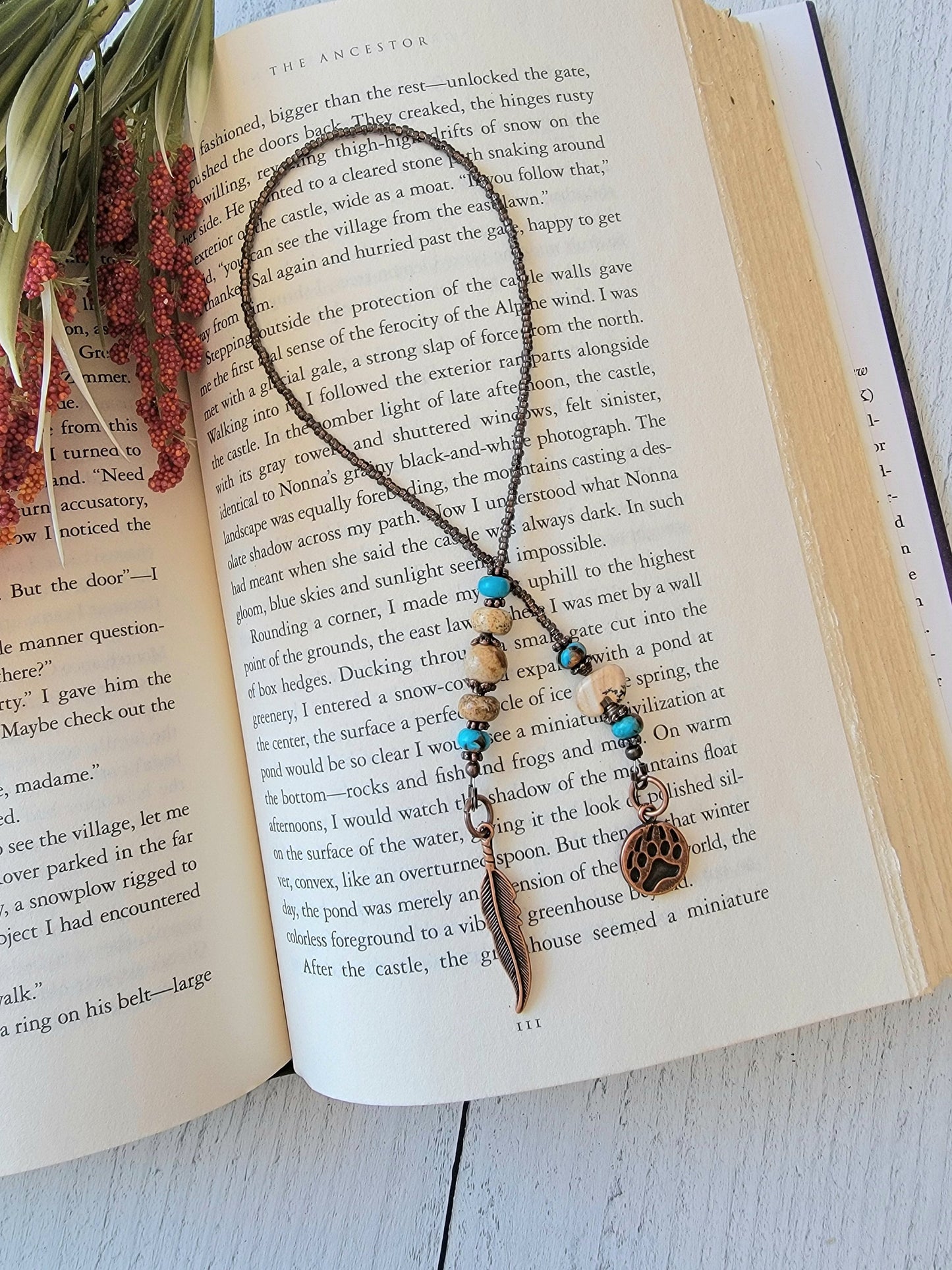 Picture Jasper Beaded Bookmark with Zuni Bear Bead and Turquoise Accents