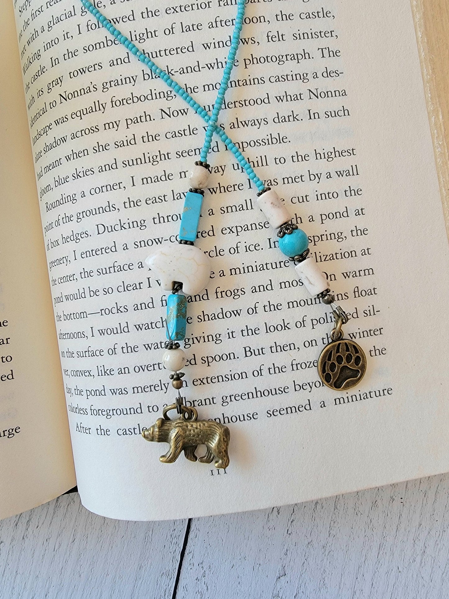 Howlite and Turquoise Beaded Bookmark with Zuni Bear Bead And Bronze Charms