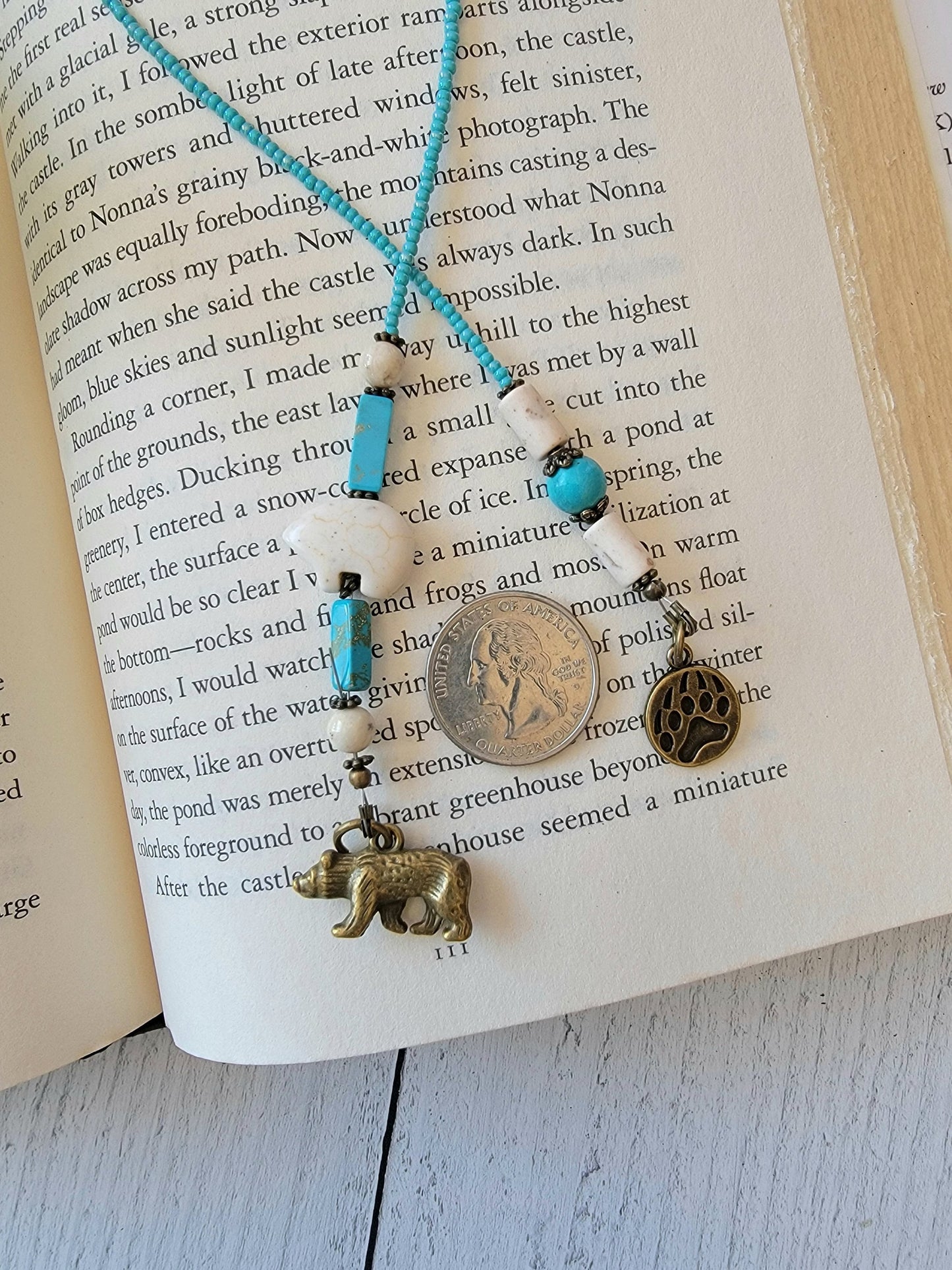 Howlite and Turquoise Beaded Bookmark with Fetish Bear Bead And Bronze Charms