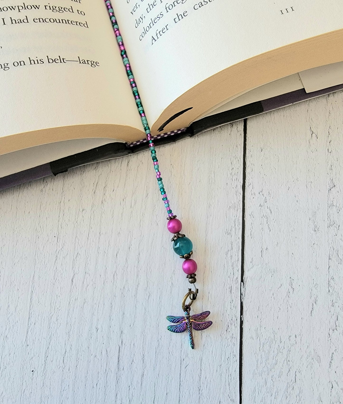 Whimsical Beaded Bookmark with Vibrant Beads and Electroplated Dragonfly and Moon Charms