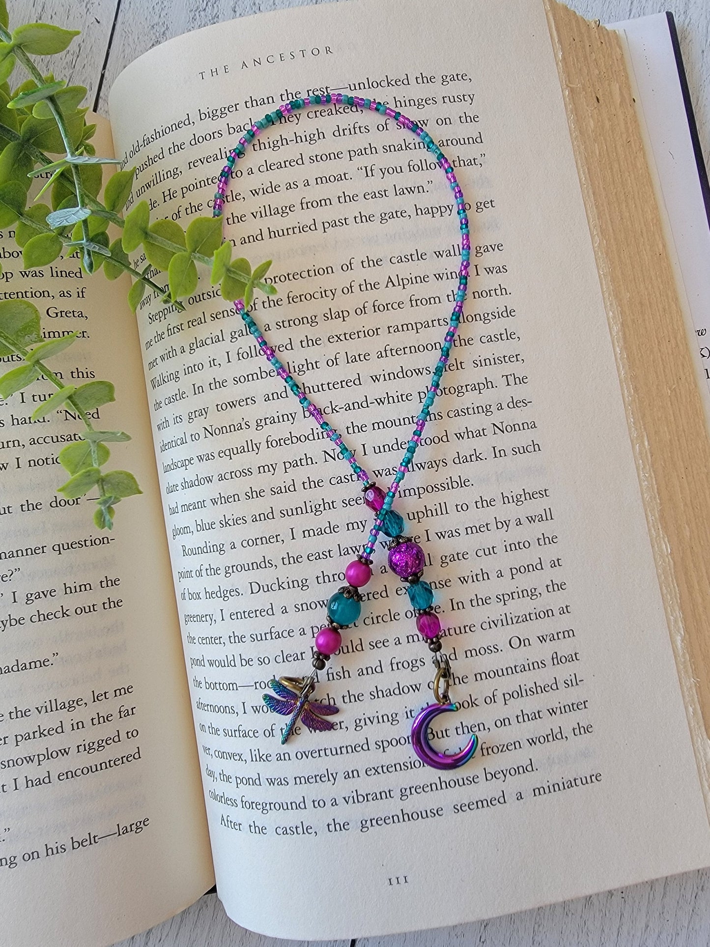 Whimsical Beaded Bookmark with Vibrant Beads and Electroplated Dragonfly and Moon Charms