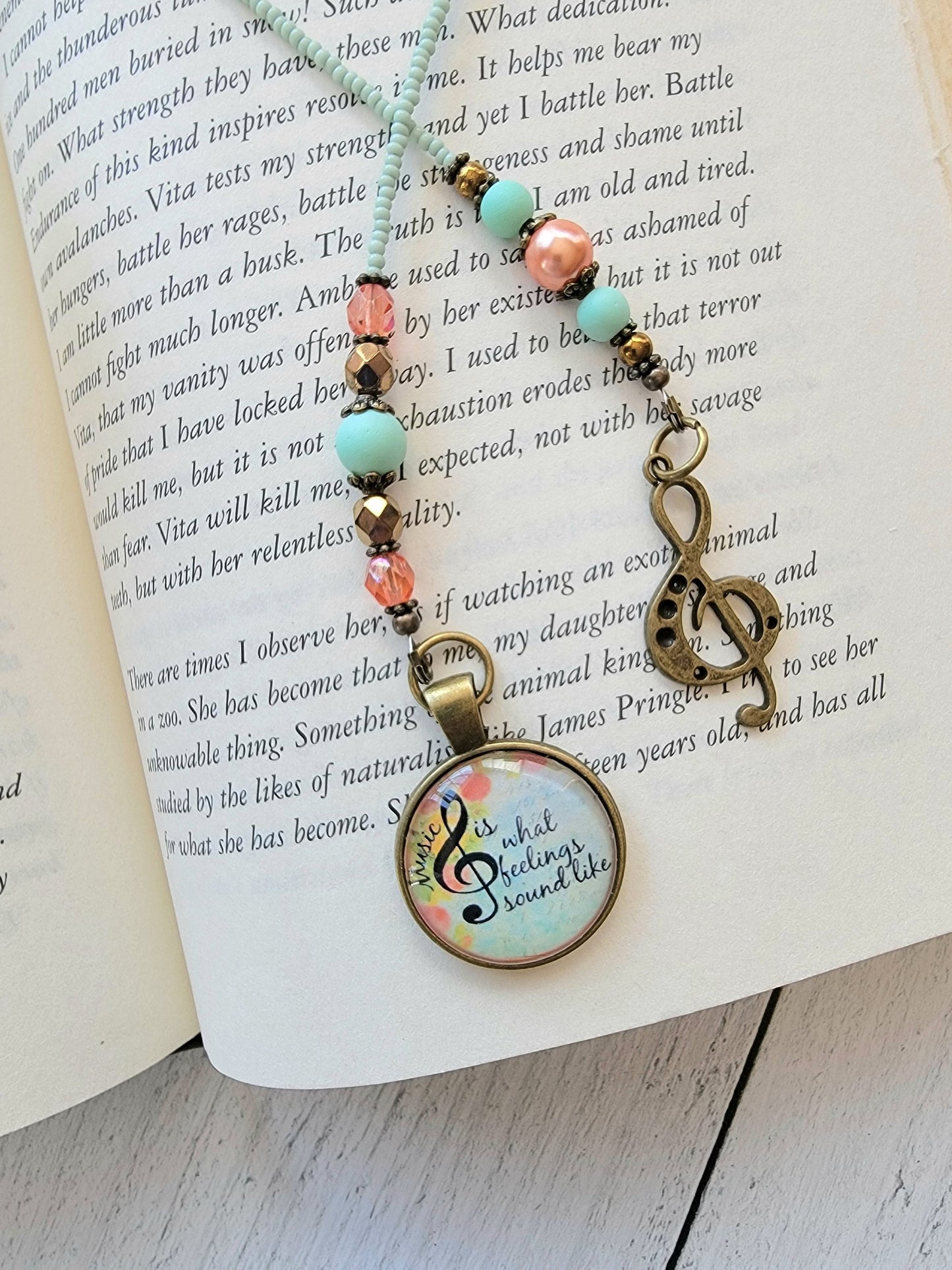 Handcrafted Bookmark with Inspiring Music Quote Pendant and Charming Music Note Charm