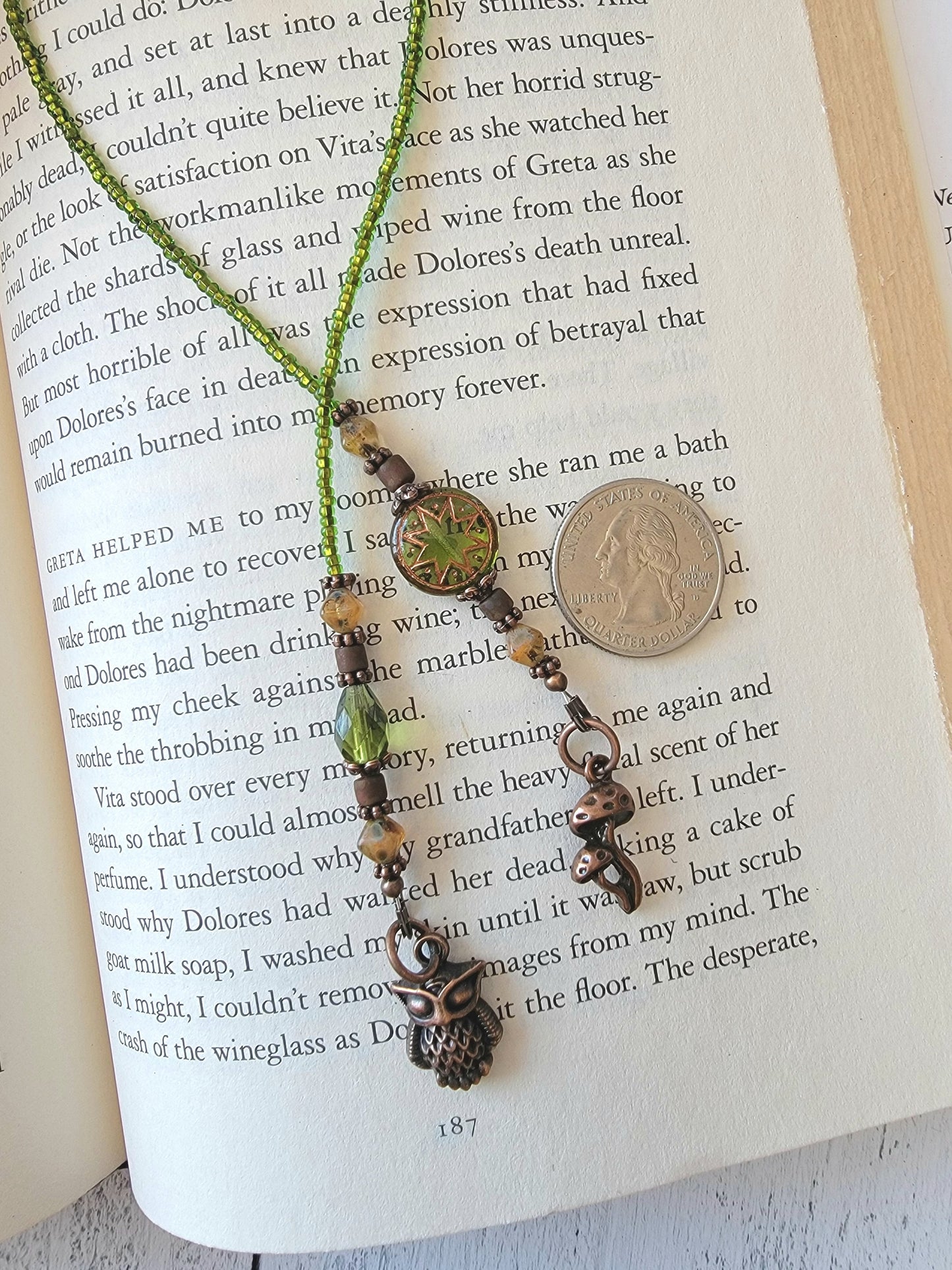 Handcrafted Green and Copper Beaded Bookmark - Enhance Your Reading Experience with Adorable Copper Plated Owl and Mushroom Charms