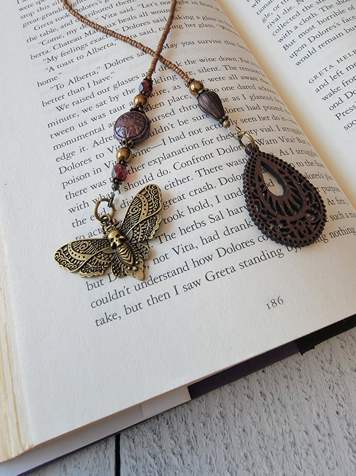 Gothic-inspired Beaded Bookmark with Hawkmoth Charm - Perfect for Gothic Literature Lovers