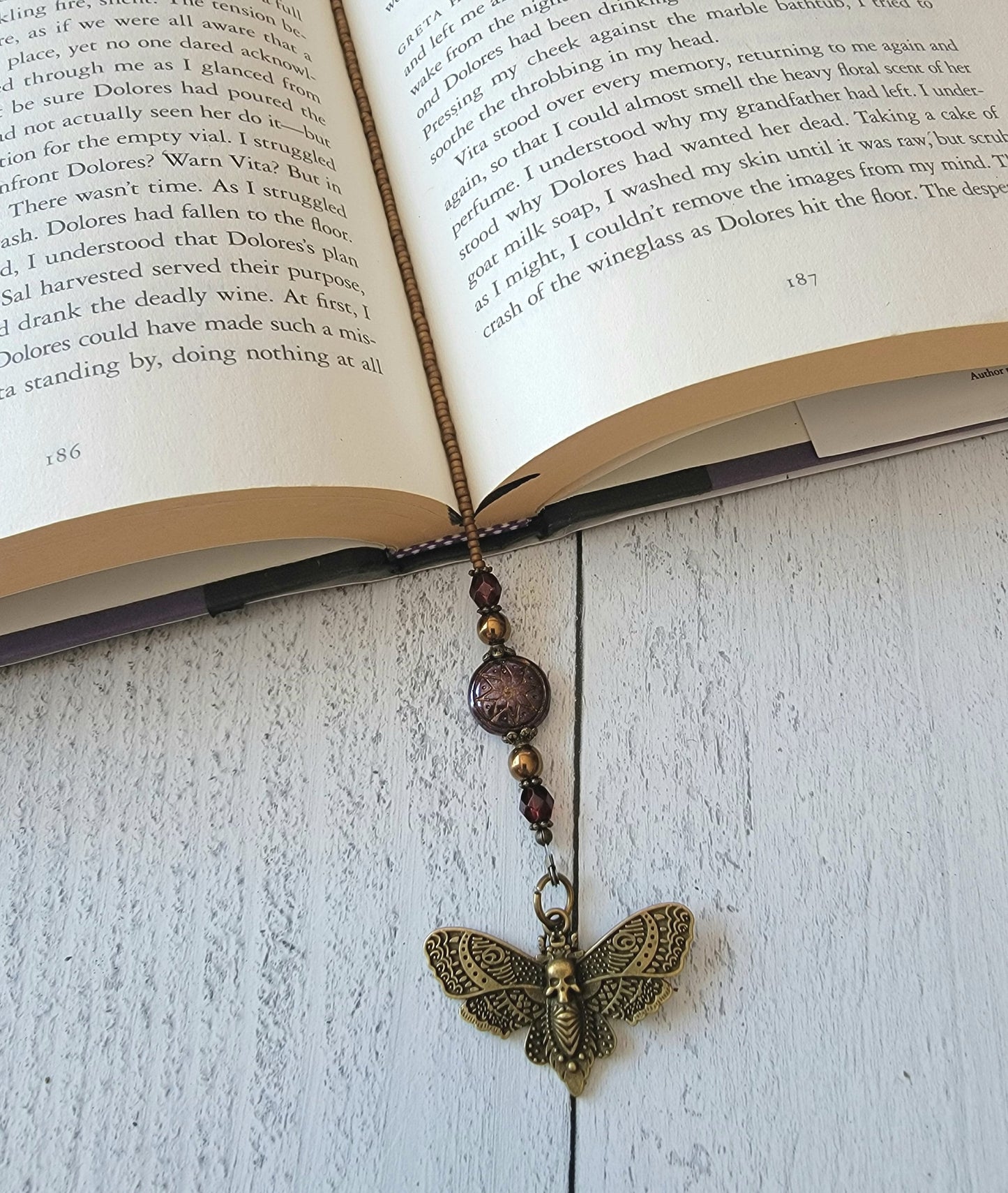 Gothic-inspired Beaded Bookmark with Hawkmoth Charm - Perfect for Gothic Literature Lovers