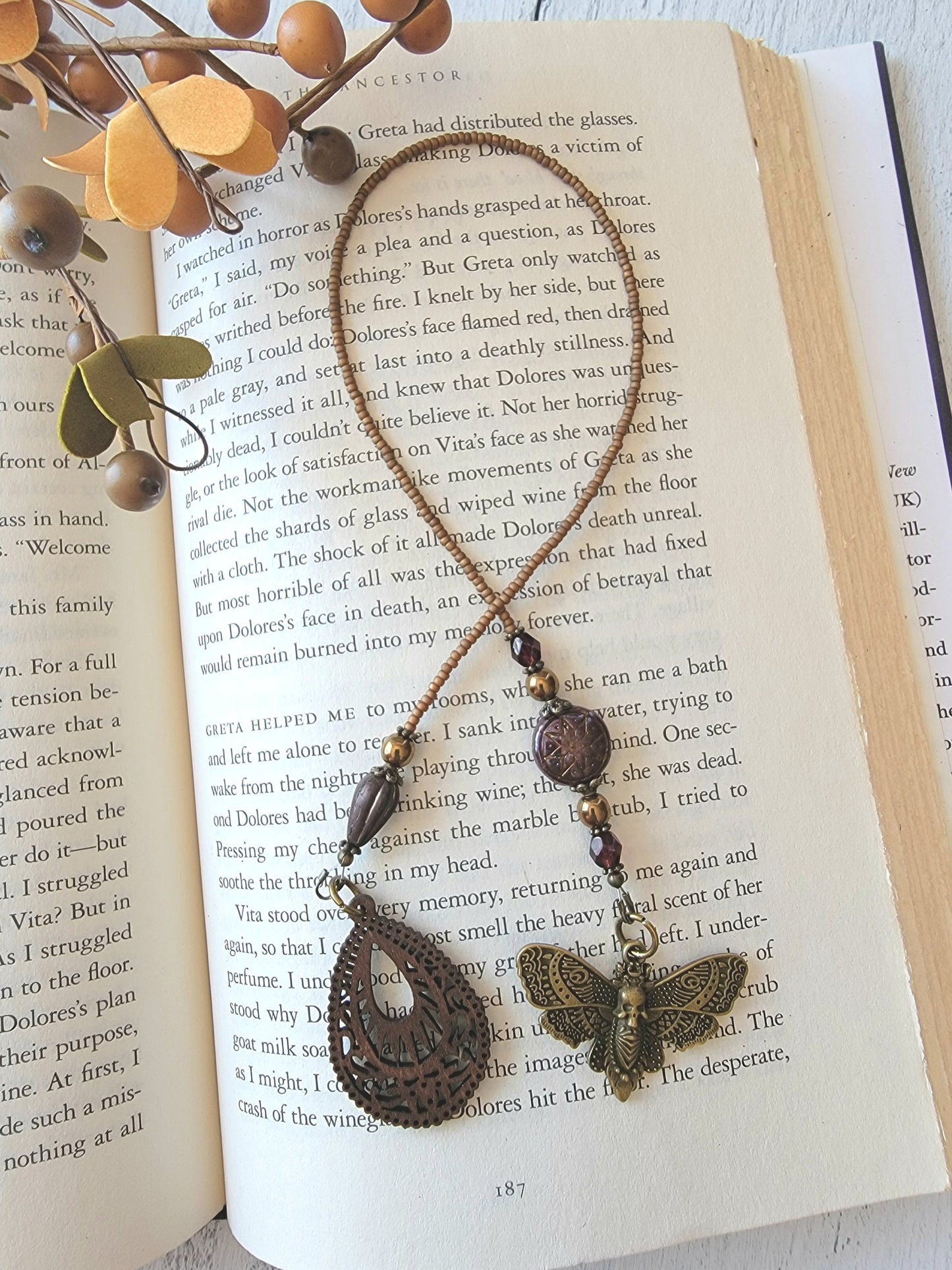 Gothic-inspired Beaded Bookmark with Hawkmoth Charm - Perfect for Gothic Literature Lovers