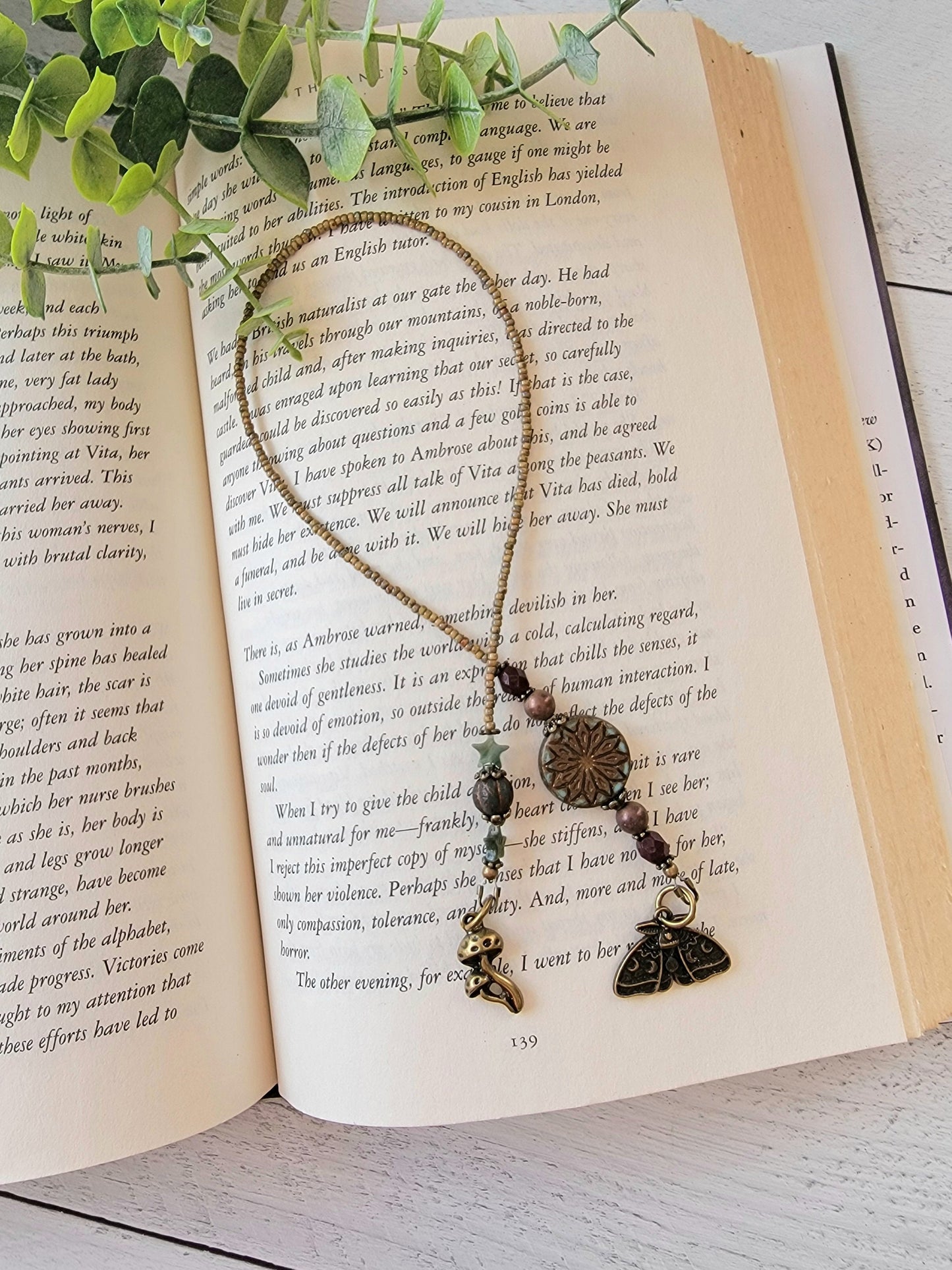Nature-Inspired Luna Moth Beaded Bookmark with Charming Mushroom Accent
