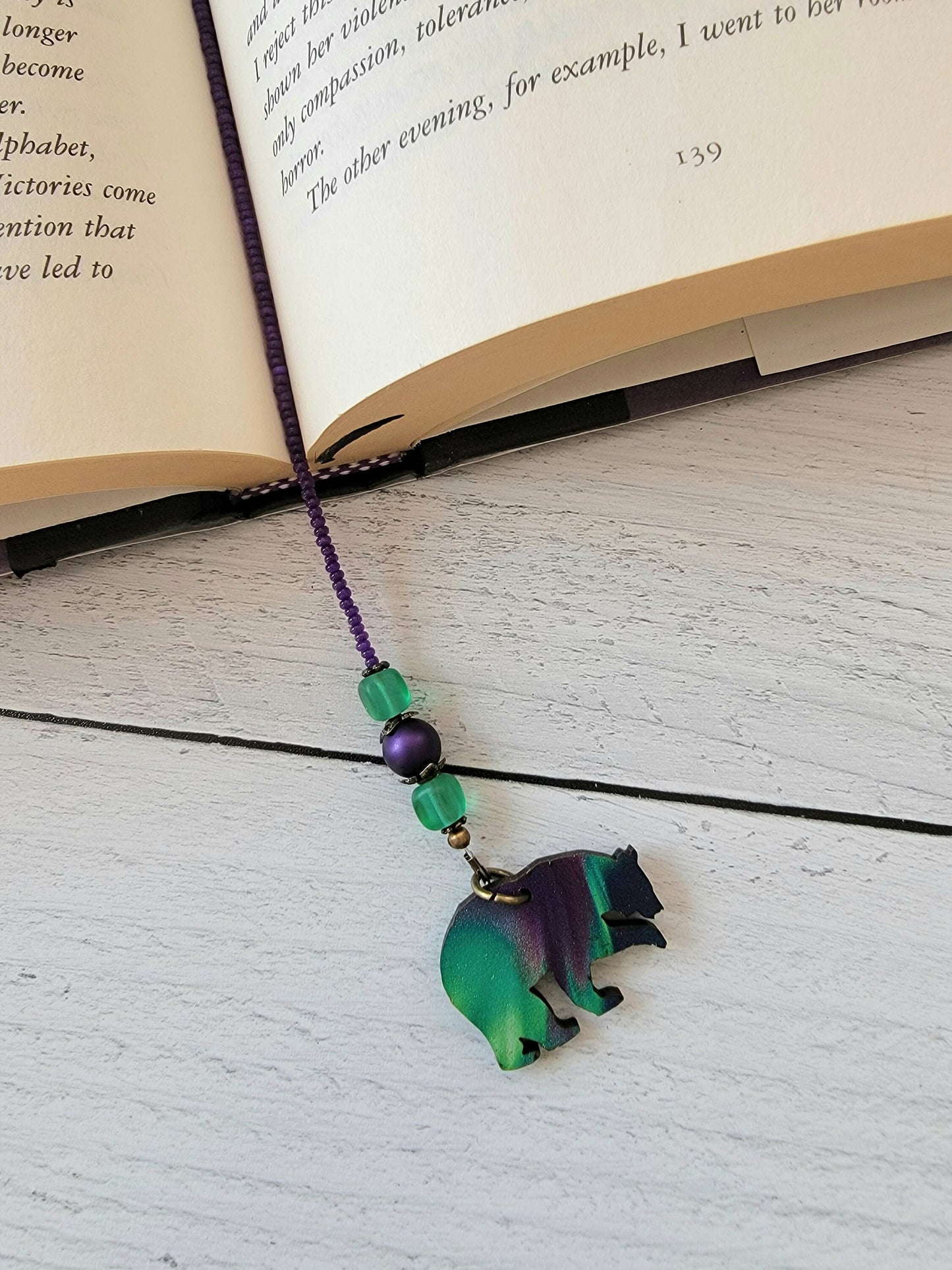 Woodland Bear Beaded Bookmark with Aurora Borealis Accent - Handmade Gift