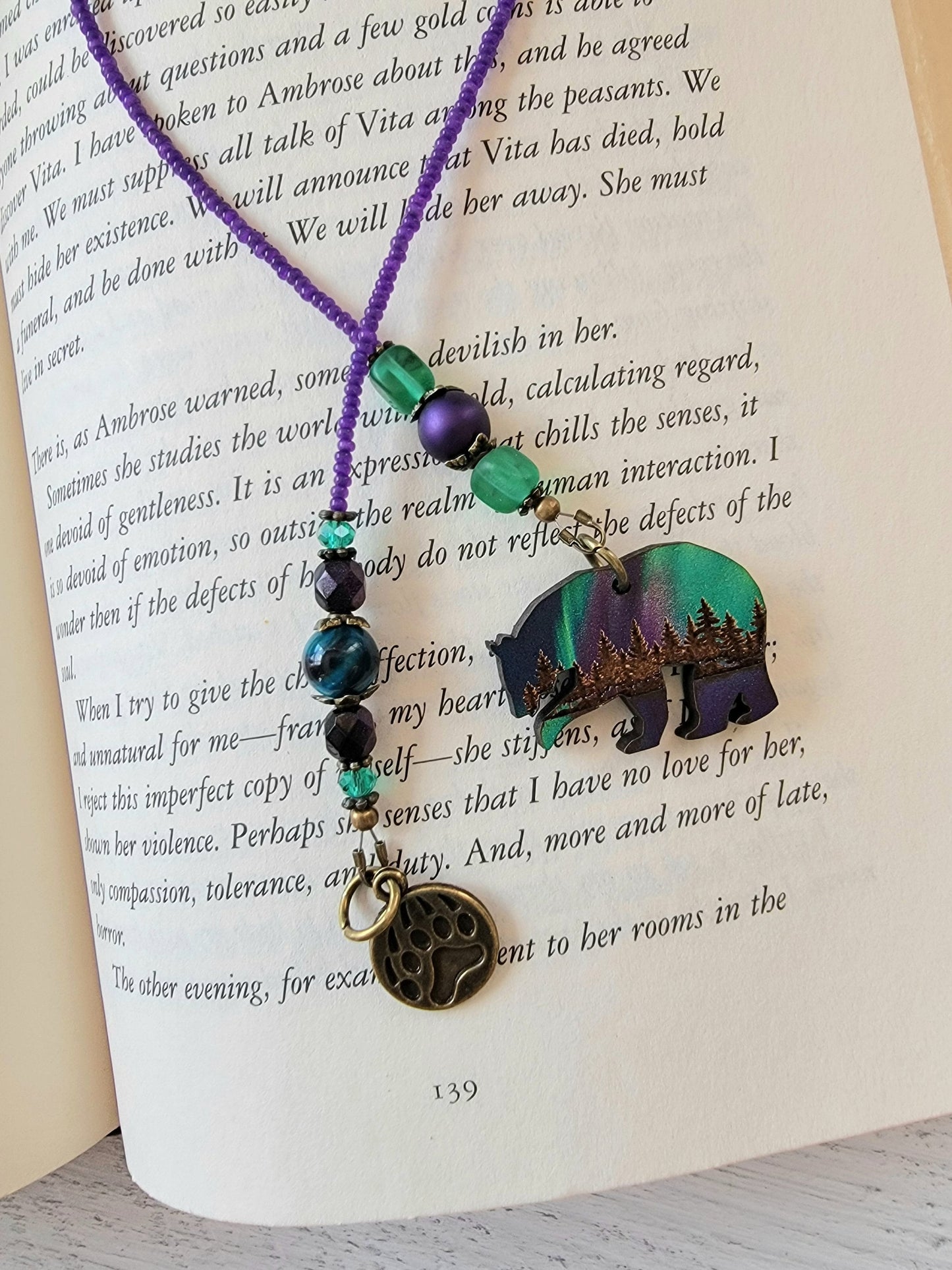 Woodland Bear Beaded Bookmark with Aurora Borealis Accent - Handmade Gift