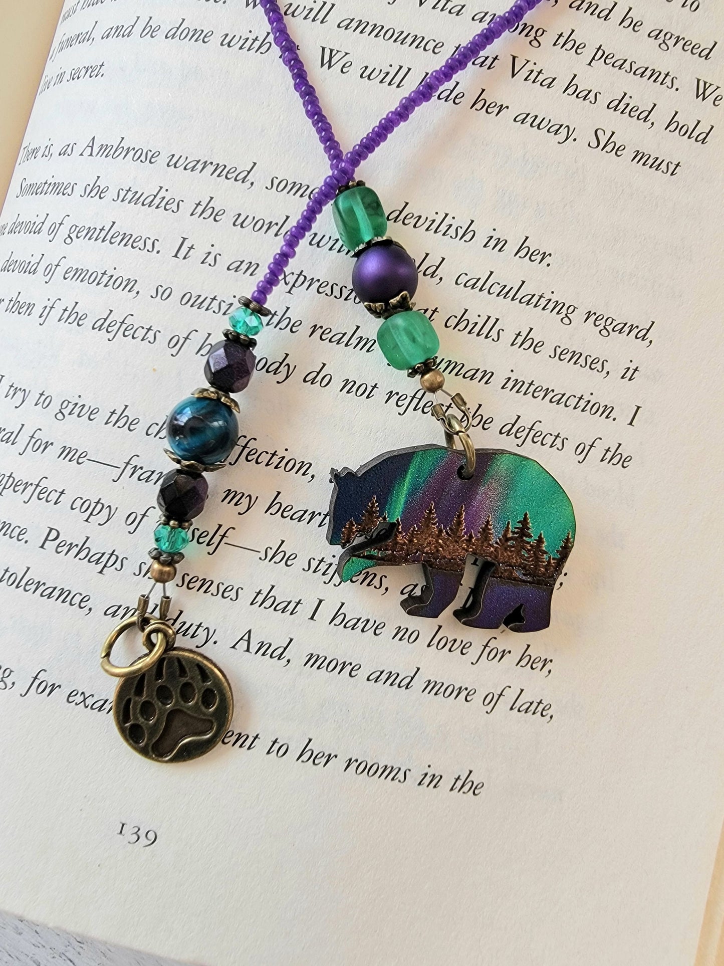 Woodland Bear Beaded Bookmark with Aurora Borealis Accent - Handmade Gift